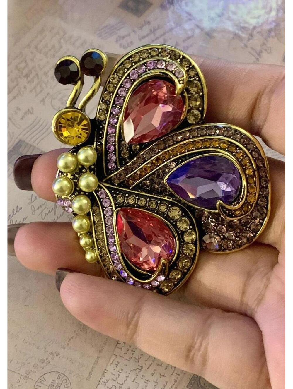Beautiful Butterfly Brooch Yellow Metallic Multicolored Rhinestone Statement Pin - Picture 4 of 4